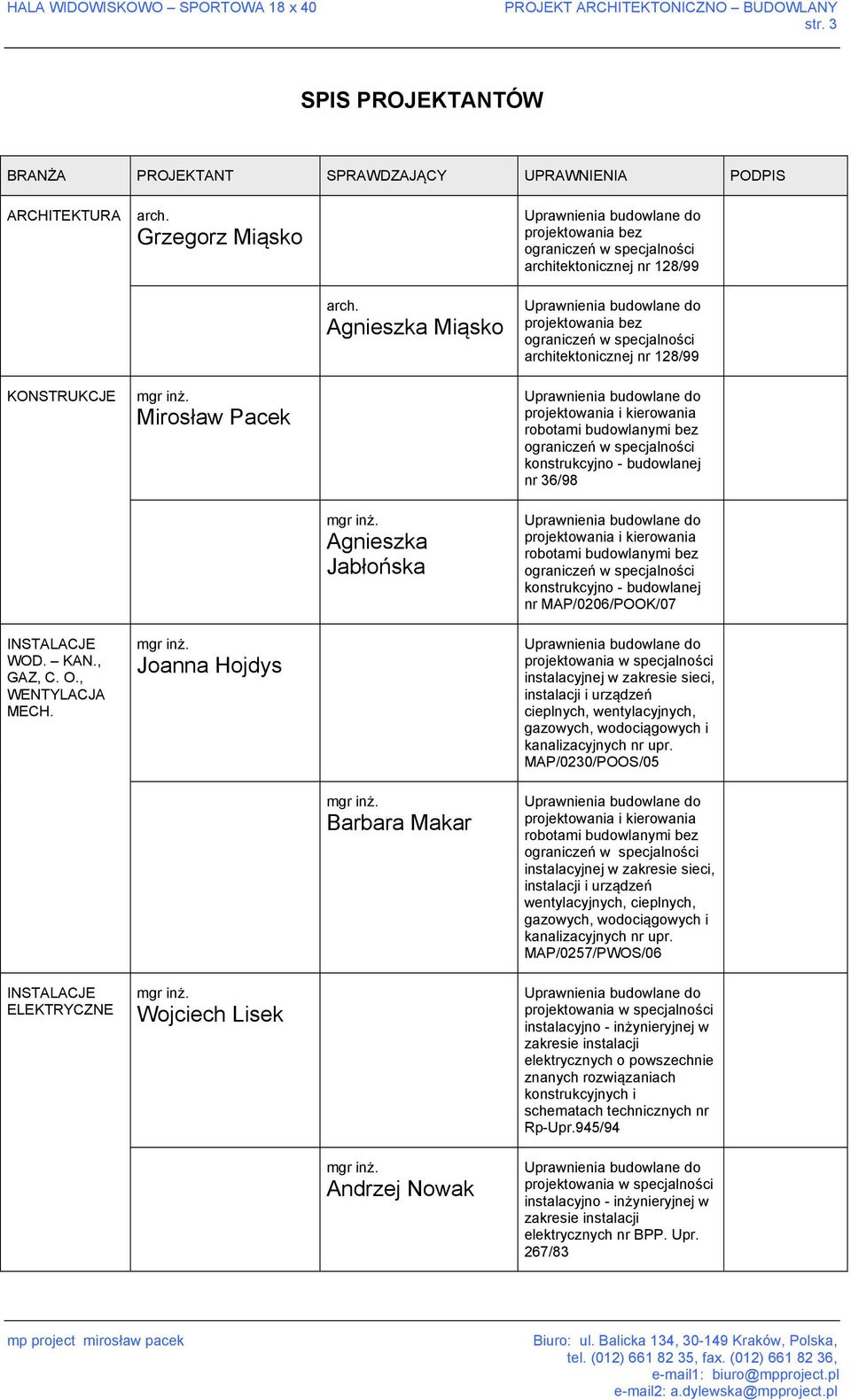 projektowania i kierowania robotami budowlanymi bez konstrukcyjno - budowlanej nr MAP/0206/POOK/07 WOD. KAN., GAZ, C. O., WENTYLACJA MECH.