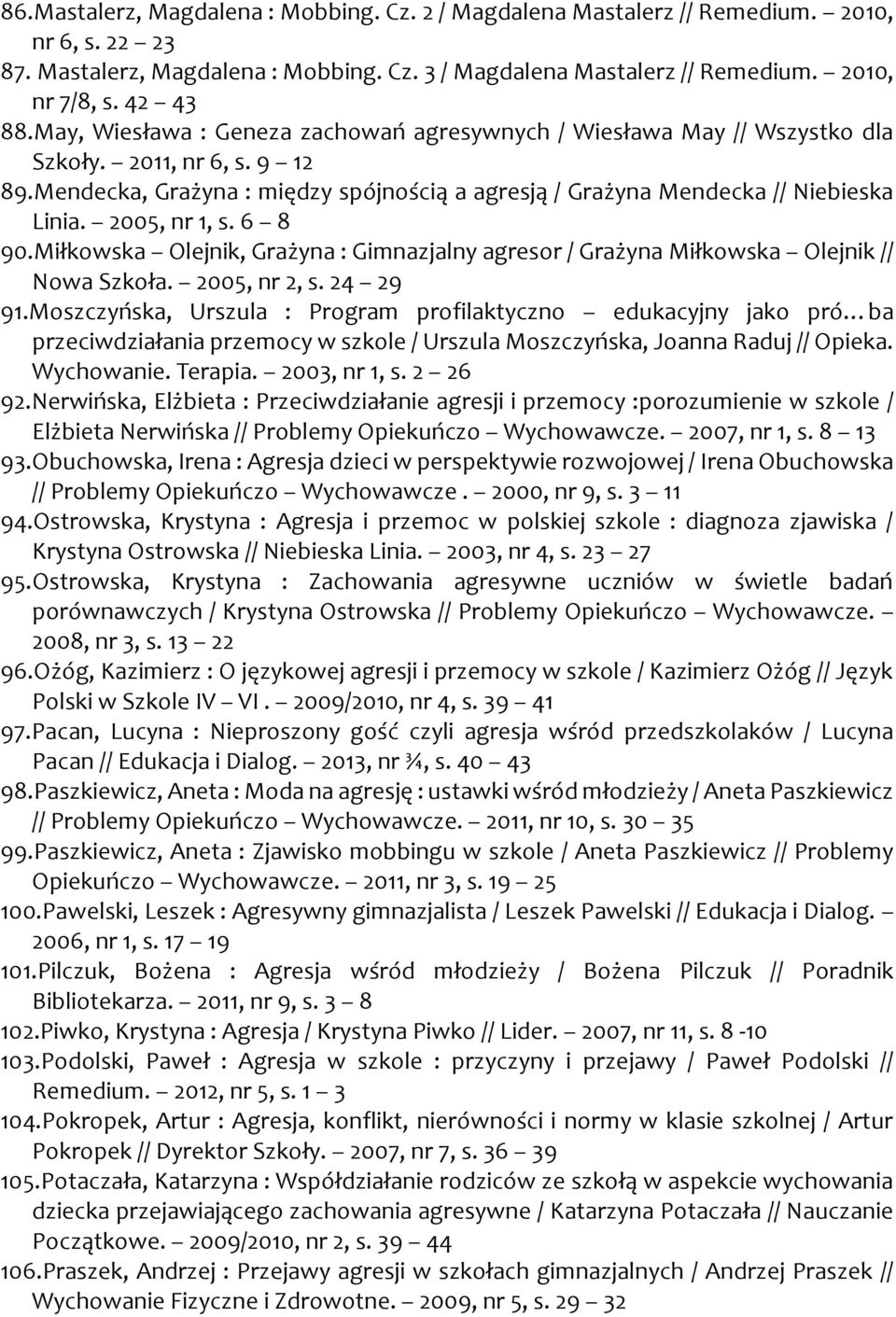 2005, nr 1, s. 6 8 90.Miłkowska Olejnik, Grażyna : Gimnazjalny agresor / Grażyna Miłkowska Olejnik // Nowa Szkoła. 2005, nr 2, s. 24 29 91.