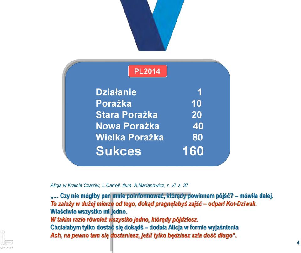 To zależy w dużej mierze od tego, dokąd pragnęłabyś zajść odparł Kot-Dziwak. Właściwie wszystko mi jedno.