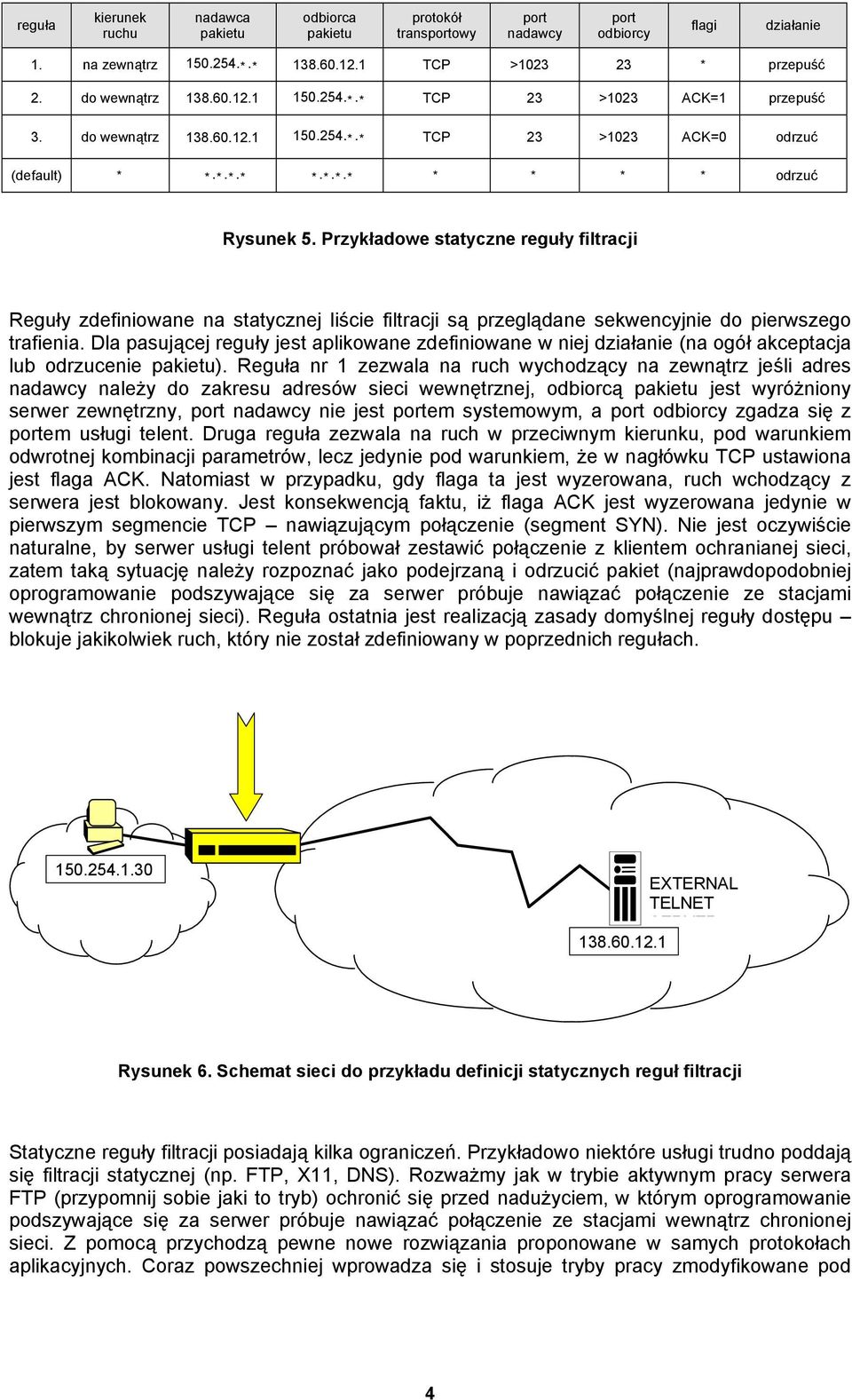 Przykładowe statyczne reguły filtracji Reguły zdefiniowane na statycznej liście filtracji są przeglądane sekwencyjnie do pierwszego trafienia.