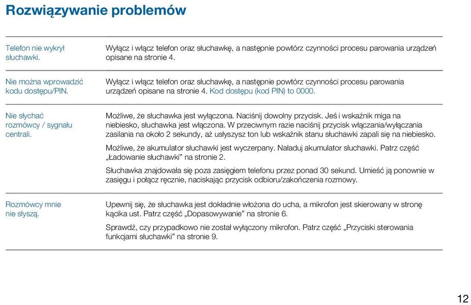 Nie słychać rozmówcy / sygnału centrali. Możliwe, że słuchawka jest wyłączona. Naciśnij dowolny przycisk. Jeś i wskaźnik miga na niebiesko, słuchawka jest włączona.