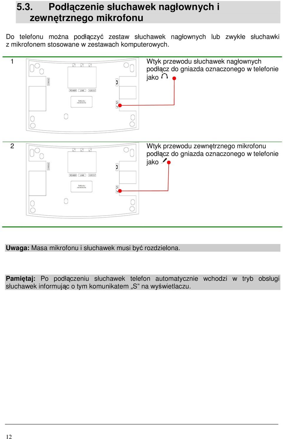 1 CONSOLE Wtyk przewodu słuchawek nagłownych podłącz do gniazda oznaczonego w telefonie jako POWER LINE AUDIO OUT Tabliczka znamionowa 2 CONSOLE Wtyk przewodu