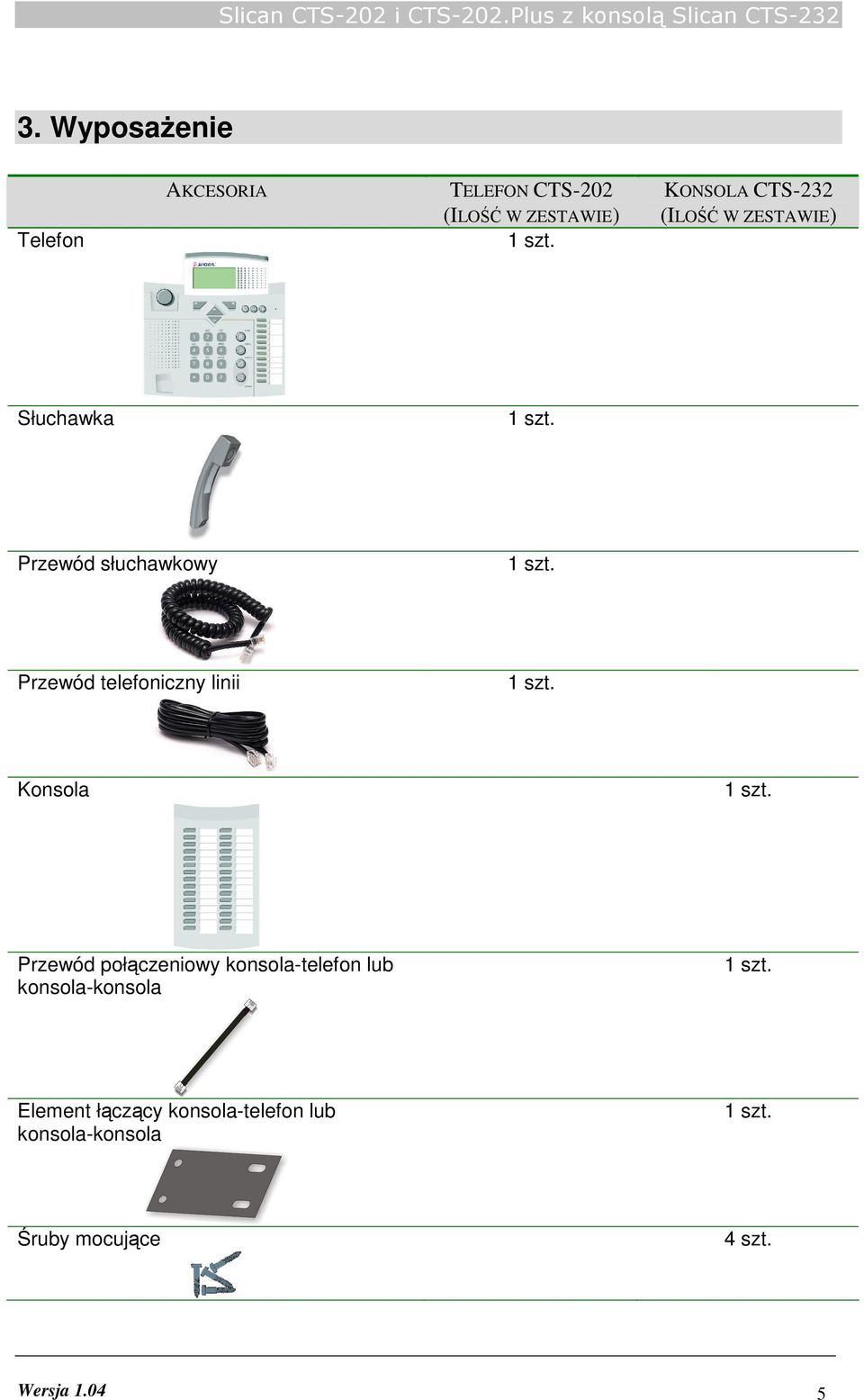 KONSOLA CTS-232 (ILOŚĆ W ZESTAWIE) Słuchawka 1 szt. Przewód słuchawkowy 1 szt.