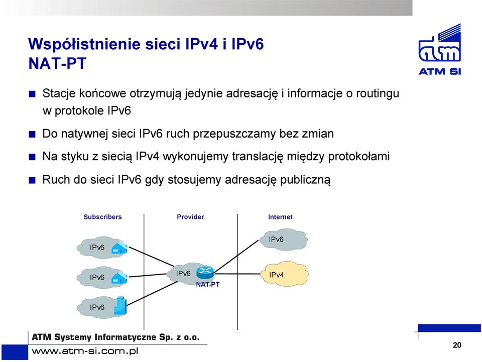 Na styku z siecią IPv4 wykonujemy translację między protokołami Ruch do sieci IPv6 gdy