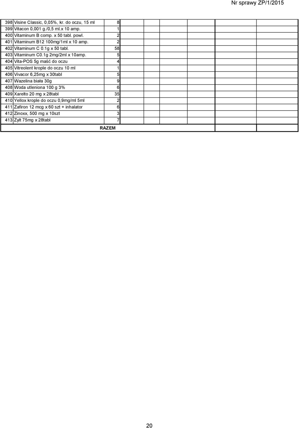 5 404 Vita-POS 5g maść do oczu 4 405 Vitreolent krople do oczu 10 ml 1 406 Vivacor 6,25mg x 30tabl 5 407 Wazelina biała 30g 9 408 Woda