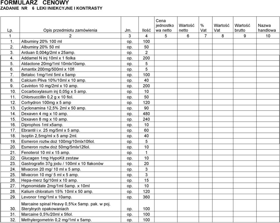 Calcium Pliva 10%/10ml x 10 amp. op. 40 9. Cavinton 10 mg/2ml x 10 amp. op. 200 10. Cocarboxylasum inj 0,05g x 5 amp. op. 10 11. Chlorsuccillin 0,2 g x 10 fiol. op. 50 12. Corhydron 100mg x 5 amp op.