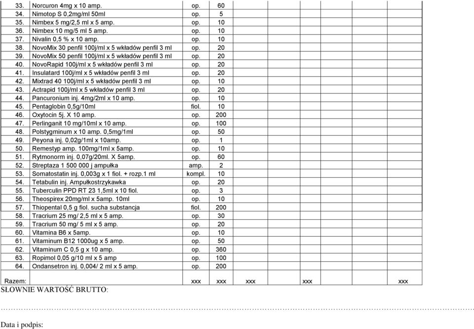 Insulatard 100j/ml x 5 wkładów penfil 3 ml op. 20 42. Mixtrad 40 100j/ml x 5 wkładów penfil 3 ml op. 10 43. Actrapid 100j/ml x 5 wkładów penfil 3 ml op. 20 44. Pancuronium inj. 4mg/2ml x 10 amp. op. 10 45.