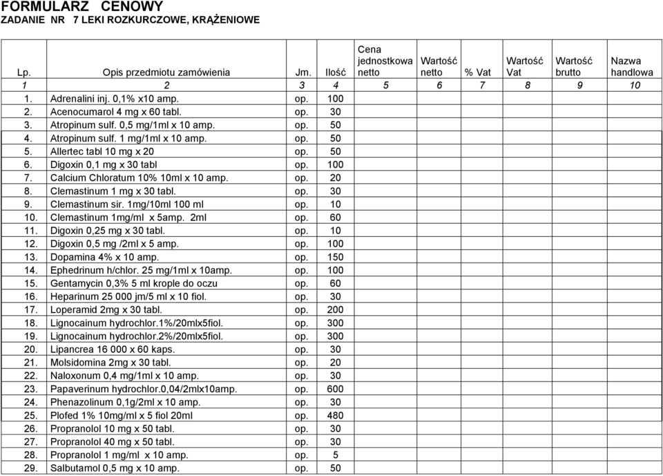 op. 20 8. Clemastinum 1 mg x 30 tabl. op. 30 9. Clemastinum sir. 1mg/10ml 100 ml op. 10 10. Clemastinum 1mg/ml x 5amp. 2ml op. 60 11. Digoxin 0,25 mg x 30 tabl. op. 10 12. Digoxin 0,5 mg /2ml x 5 amp.