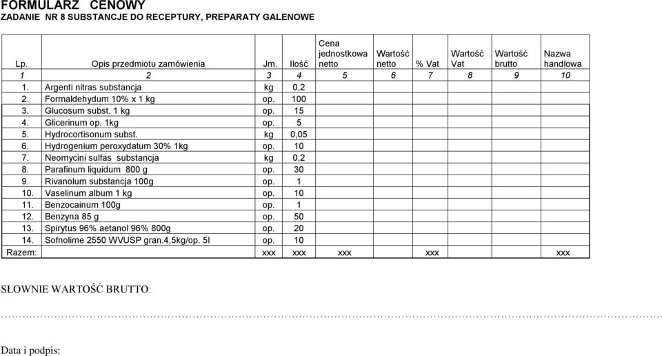 kg 0,05 6. Hydrogenium peroxydatum 30% 1kg op. 10 7. Neomycini sulfas substancja kg 0,2 8. Parafinum liquidum 800 g op. 30 9. Rivanolum substancja 100g op.