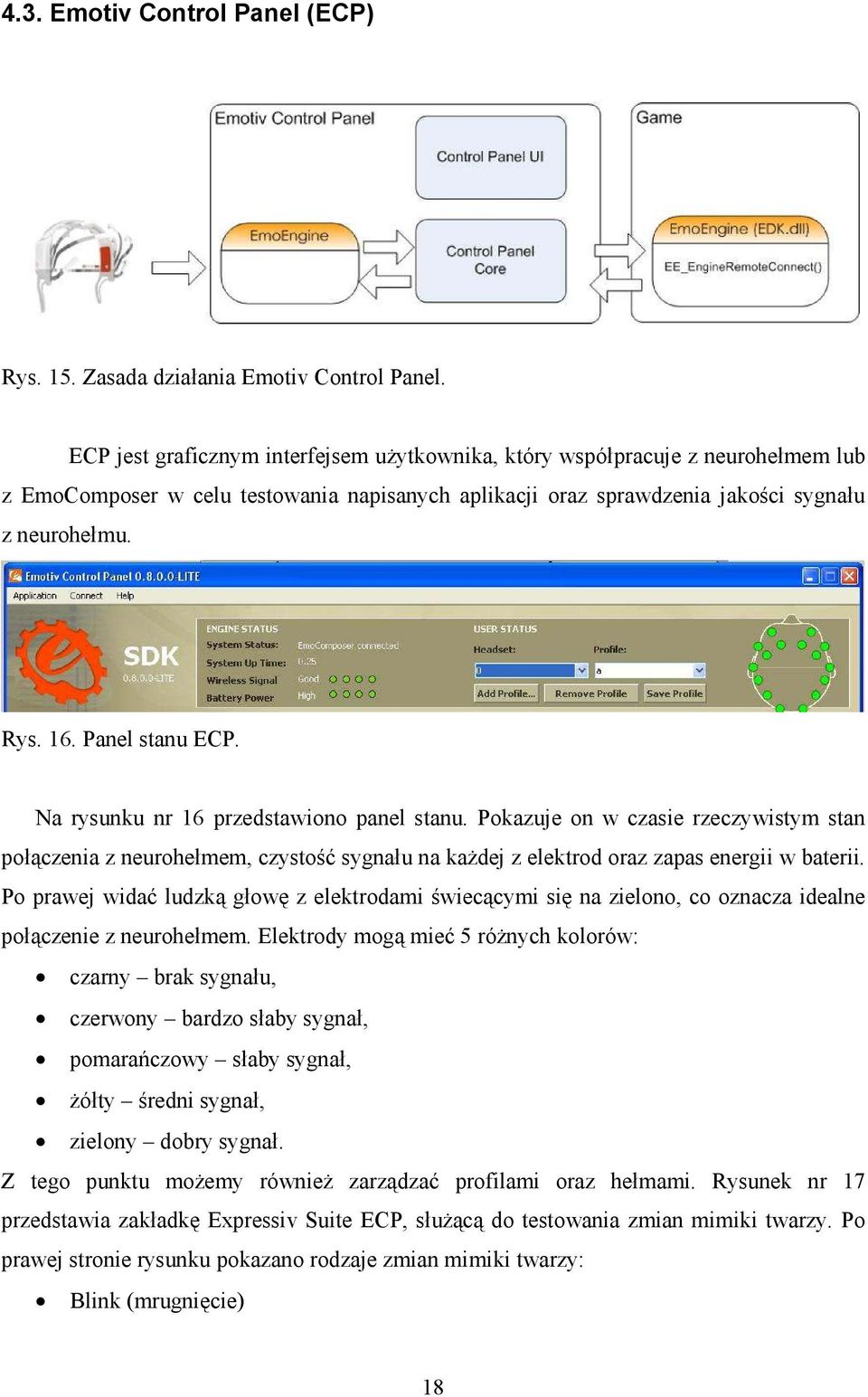 Panel stanu ECP. Na rysunku nr 16 przedstawiono panel stanu. Pokazuje on w czasie rzeczywistym stan połączenia z neurohełmem, czystość sygnału na kaŝdej z elektrod oraz zapas energii w baterii.