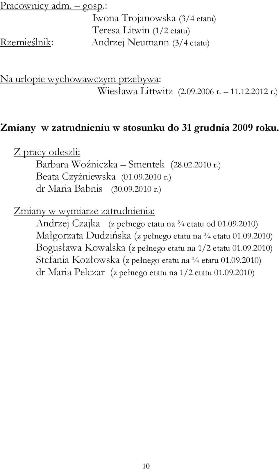 09.2010 r.) Zmiany w wymiarze zatrudnienia: Andrzej Czajka (z pełnego etatu na ¾ etatu od 01.09.2010) Małgorzata Dudzińska (z pełnego etatu na ¾ etatu 01.09.2010) Bogusława Kowalska (z pełnego etatu na 1/2 etatu 01.