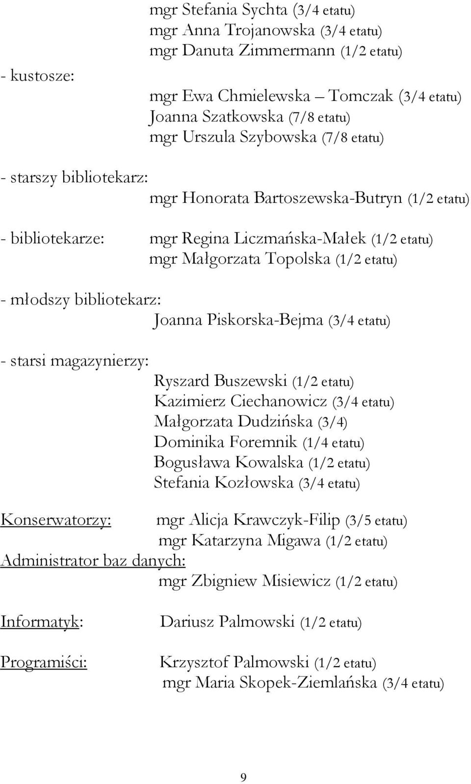 bibliotekarz: Joanna Piskorska-Bejma (3/4 etatu) - starsi magazynierzy: Ryszard Buszewski (1/2 etatu) Kazimierz Ciechanowicz (3/4 etatu) Małgorzata Dudzińska (3/4) Dominika Foremnik (1/4 etatu)