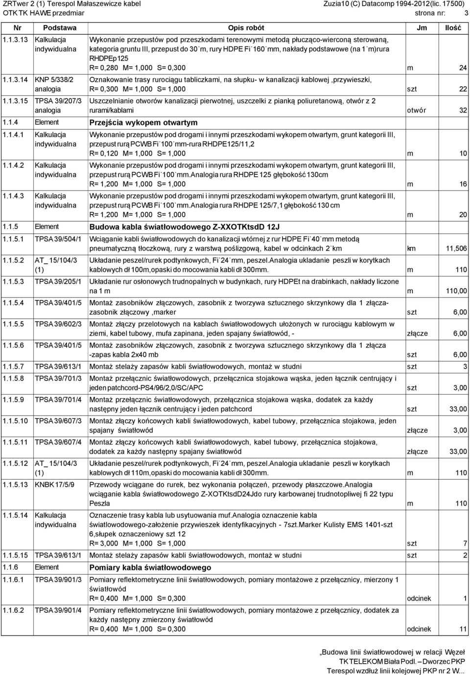 13 Kalkulacja 1.1.3.14 KNP 5/338/2 1.1.3.15 TPSA 39/207/3 R= 0,280 M= 1,000 S= 0,300 m 24 Oznakowanie trasy rurociągu tabliczkami, na słupku- w kanalizacji kablowej,przywieszki, R= 0,300 M= 1,000 S=