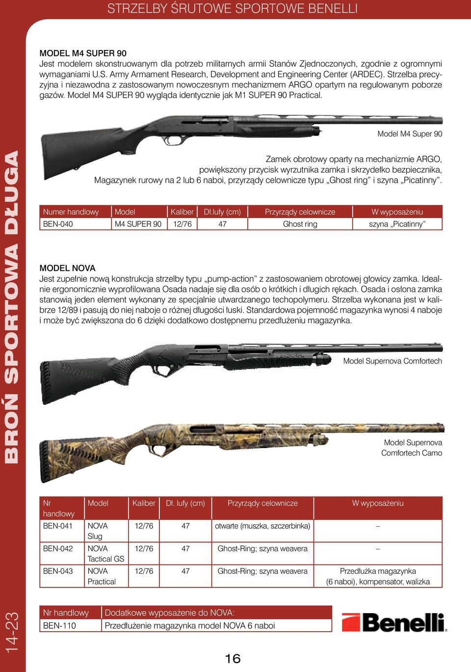 Model M4 Super 90 długa Zamek obrotowy oparty na mechanizmie ARGO, powiększony przycisk wyrzutnika zamka i skrzydełko bezpiecznika, Manek rurowy na 2 lub 6 naboi, przyrządy celownicze typu Ghost ring