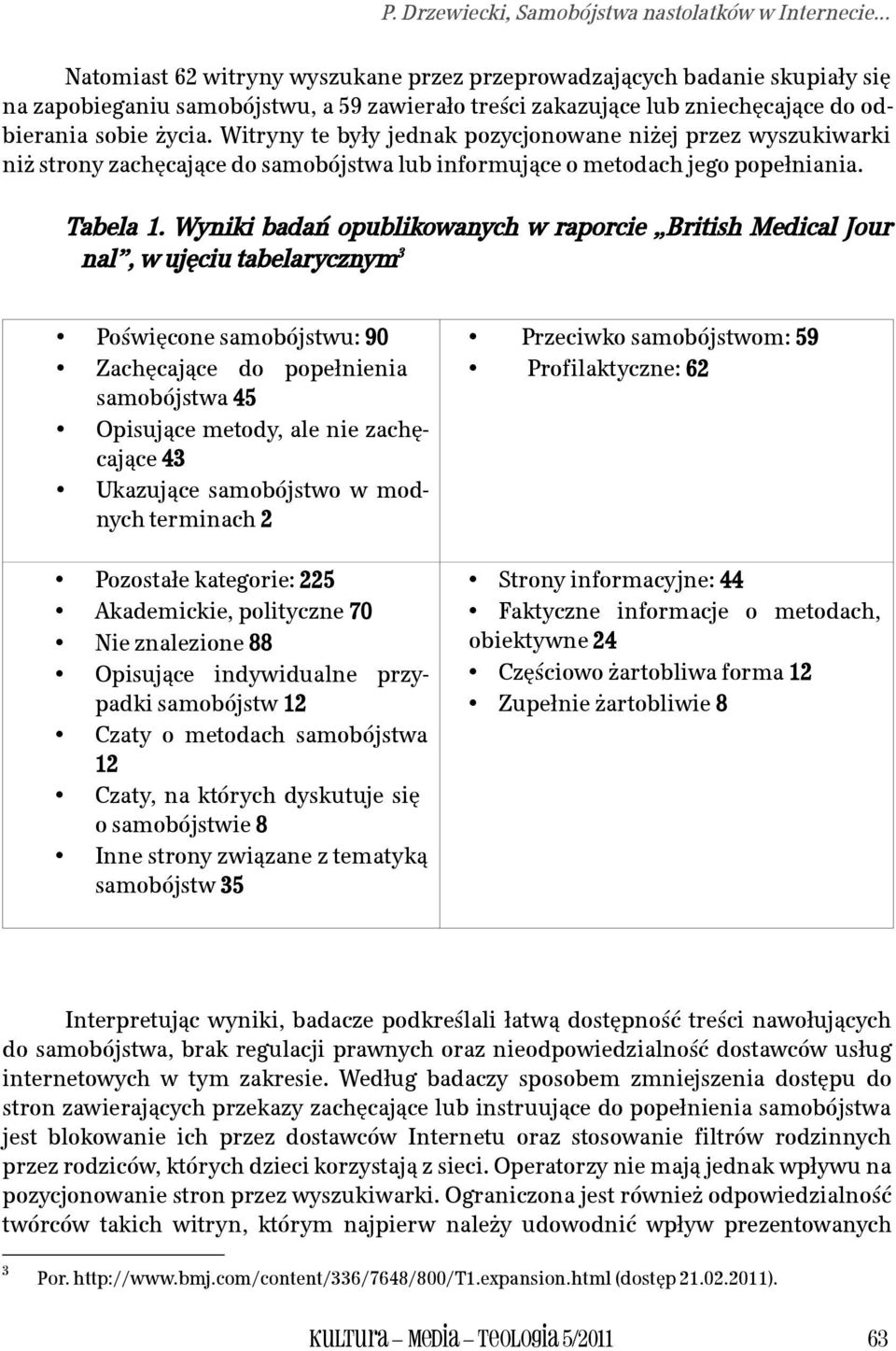 Witryny te były jednak pozycjonowane niżej przez wyszukiwarki niż strony zachęcające do samobójstwa lub informujące o metodach jego popełniania. Tabela 1.