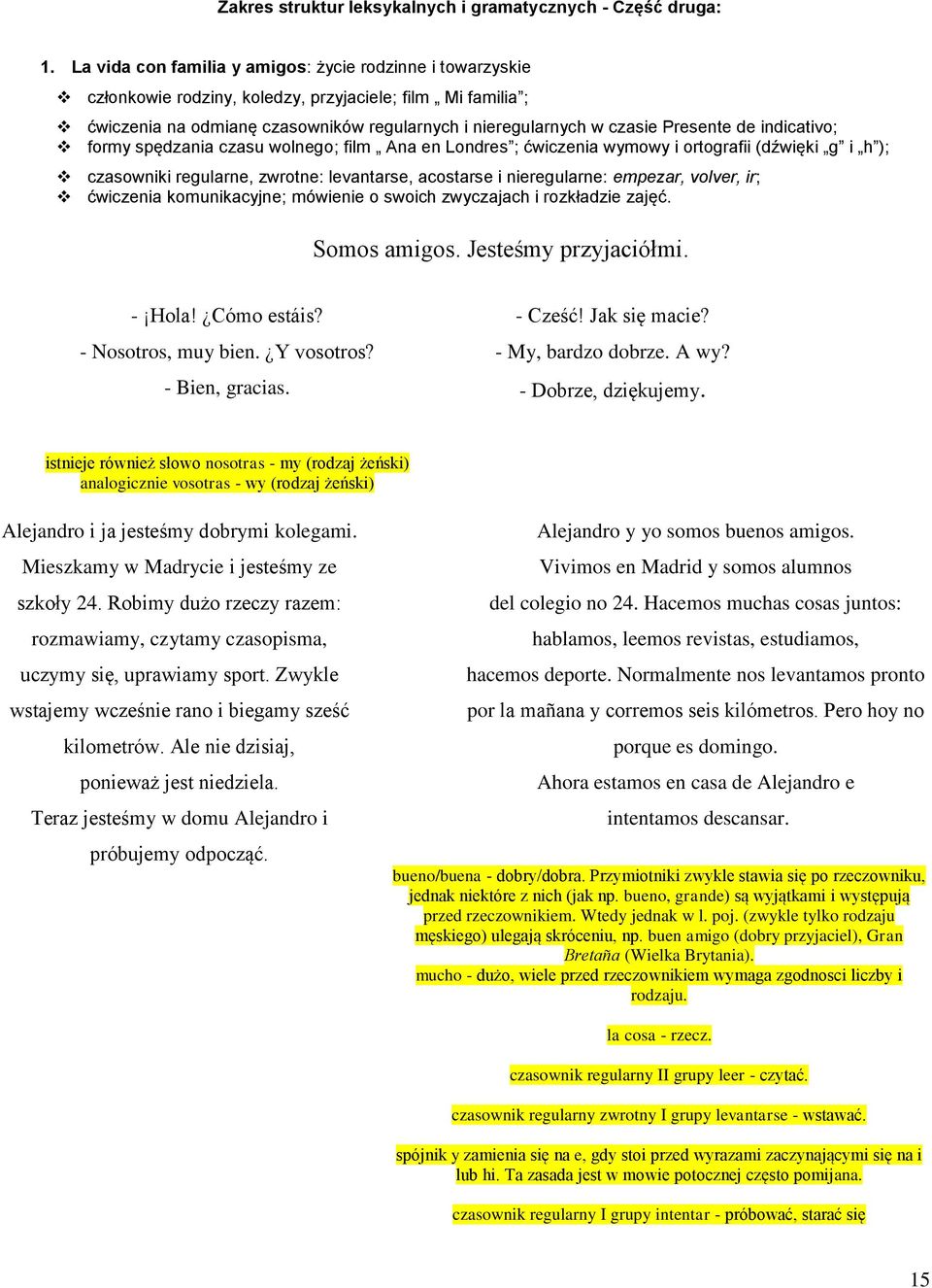 de indicativo; formy spędzania czasu wolnego; film Ana en Londres ; ćwiczenia wymowy i ortografii (dźwięki g i h ); czasowniki regularne, zwrotne: levantarse, acostarse i nieregularne: empezar,