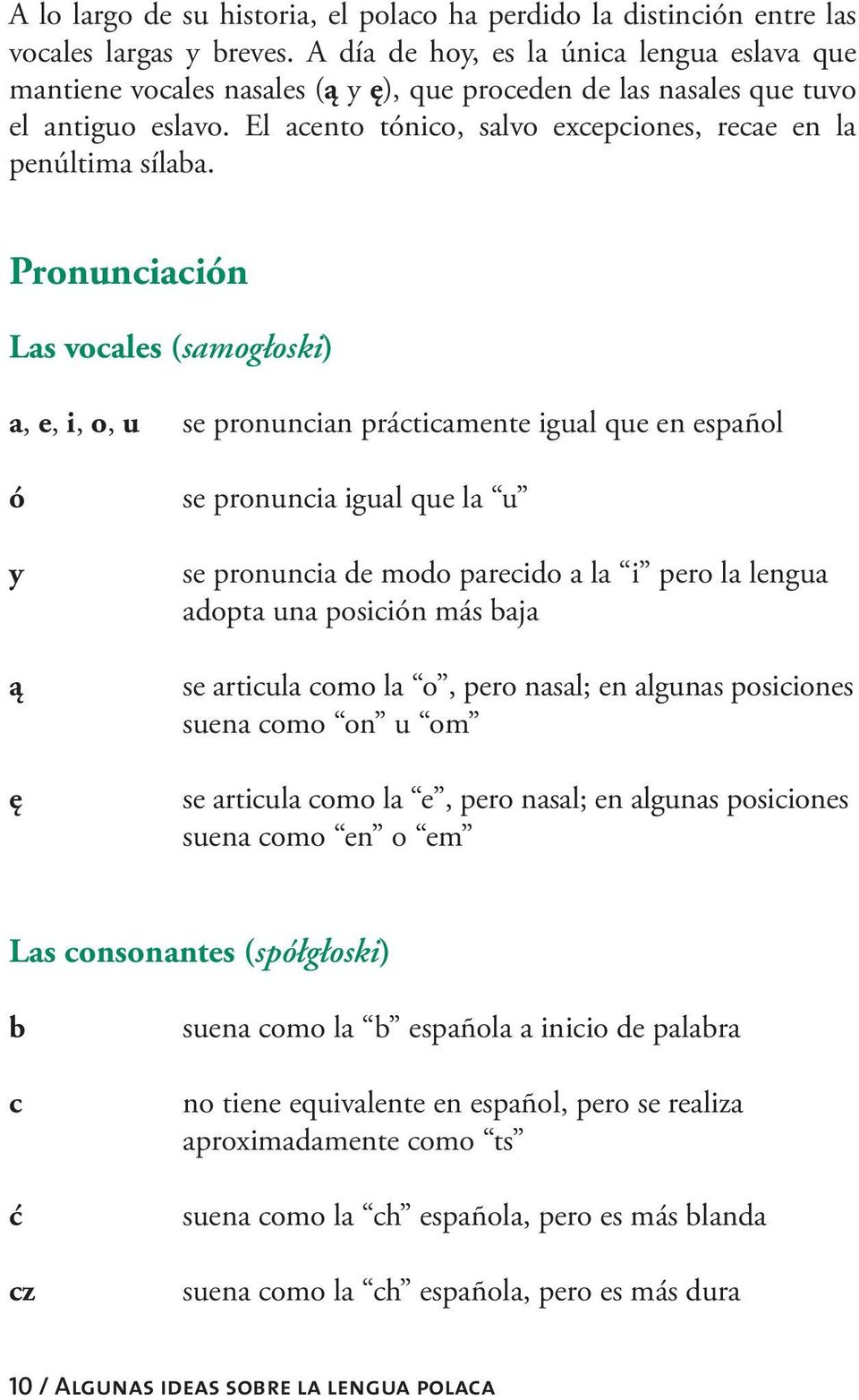 Pronunciación Las vocales (samogłoski) a, e, i, o, u se pronuncian prácticamente igual que en español ó y ą ę se pronuncia igual que la u se pronuncia de modo parecido a la i pero la lengua adopta