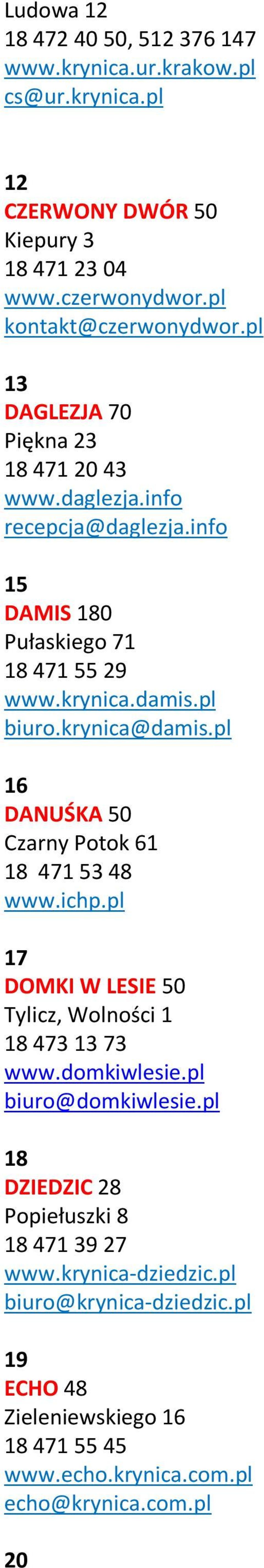 pl 16 DANUŚKA 50 Czarny Potok 61 18 471 53 48 www.ichp.pl 17 DOMKI W LESIE 50, Wolności 1 18 473 13 73 www.domkiwlesie.pl biuro@domkiwlesie.