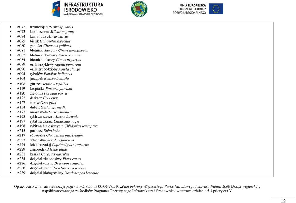 jarząbek Bonasa bonasia A108 głuszec Tetrao urogallus A119 kropiatka Porzana porzana A120 zielonka Porzana parva A122 derkacz Crex crex A127 żuraw Grus grus A154 dubelt Gallinago media A177 mewa mała