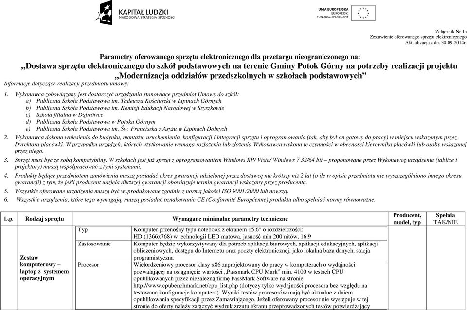 Modernizacja oddziałów przedszkolnych w szkołach podstawowych Informacje dotyczące realizacji przedmiotu umowy: 1.