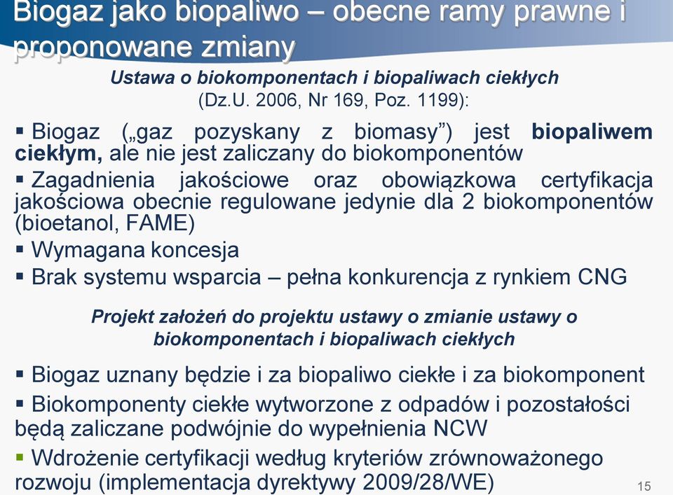 dla 2 biokomponentów (bioetanol, FAME) Wymagana koncesja Brak systemu wsparcia pełna konkurencja z rynkiem CNG Projekt założeń do projektu ustawy o zmianie ustawy o biokomponentach i biopaliwach