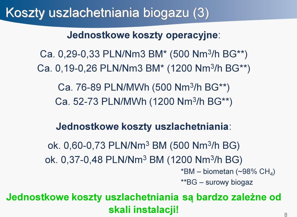 52-73 PLN/MWh (1200 Nm 3 /h BG**) Jednostkowe koszty uszlachetniania: ok. 0,60-0,73 PLN/Nm 3 BM (500 Nm 3 /h BG) ok.