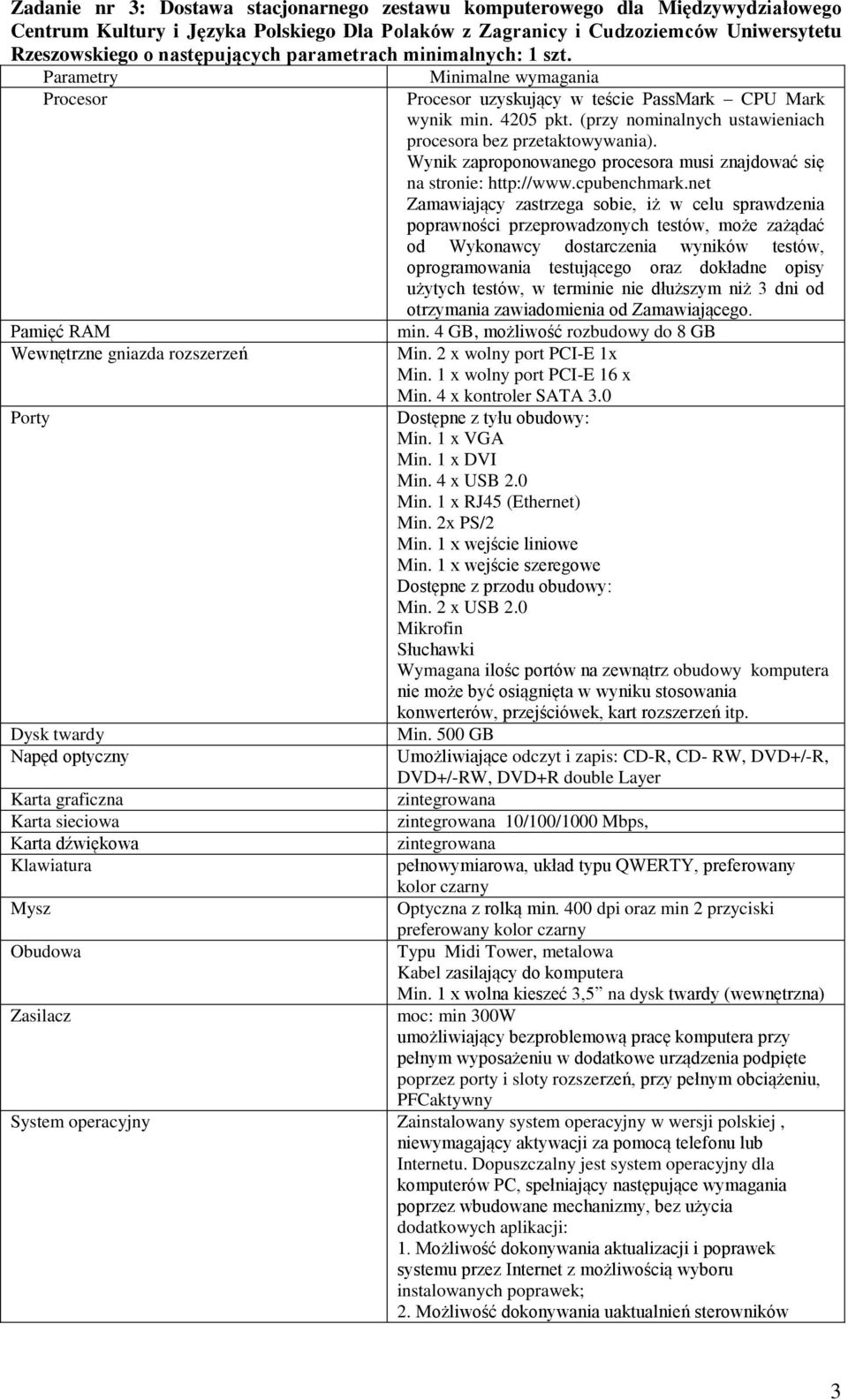 Parametry Procesor Pamięć RAM Wewnętrzne gniazda rozszerzeń Porty Dysk twardy Napęd optyczny Karta graficzna Karta sieciowa Karta dźwiękowa Klawiatura Mysz Obudowa Zasilacz Minimalne wymagania