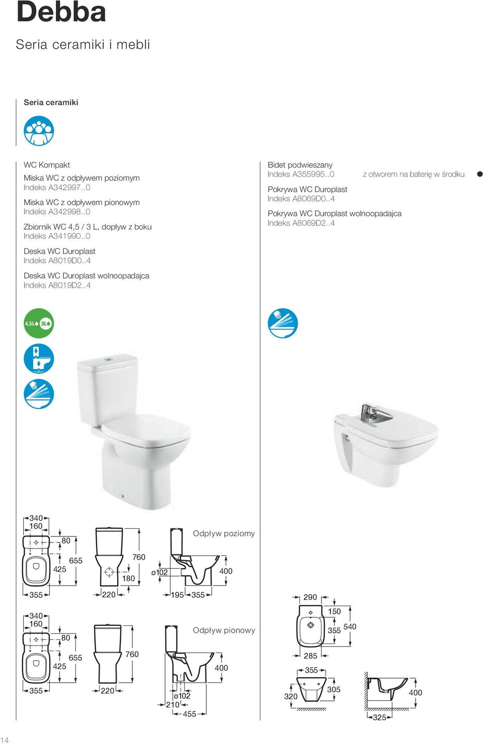 .4 Bidet podwieszany Indeks A995..0 Pokrywa WC Duroplast Indeks A8069D0..4 Pokrywa WC Duroplast wolnoopadajca Indeks A8069D2.