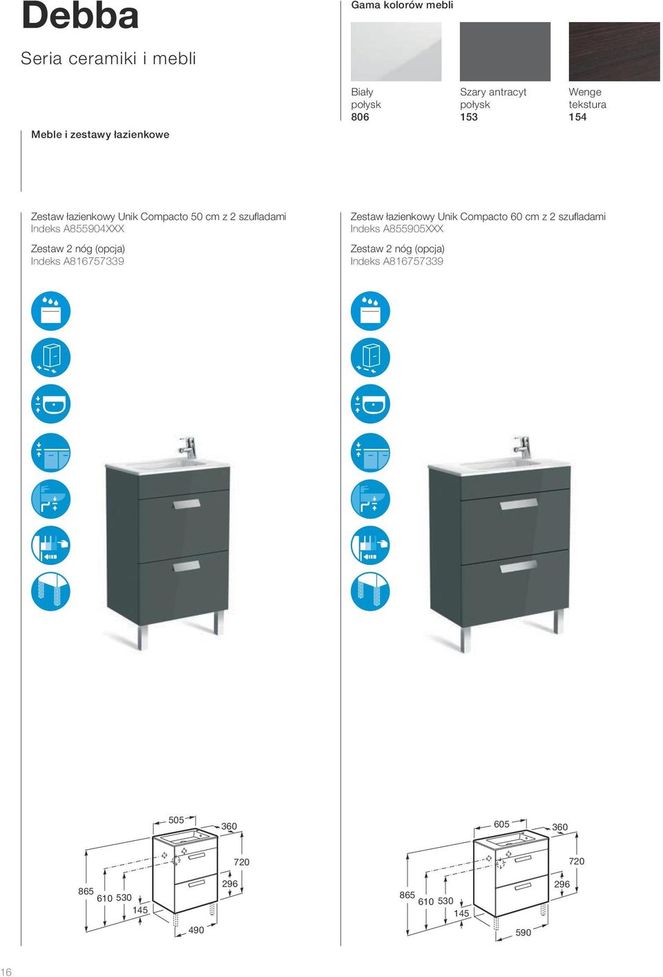Indeks A816757339 Zestaw łazienkowy Unik Compacto 60 cm z 2 szufl adami Indeks A855905XXX Zestaw 2 nóg (opcja) Indeks