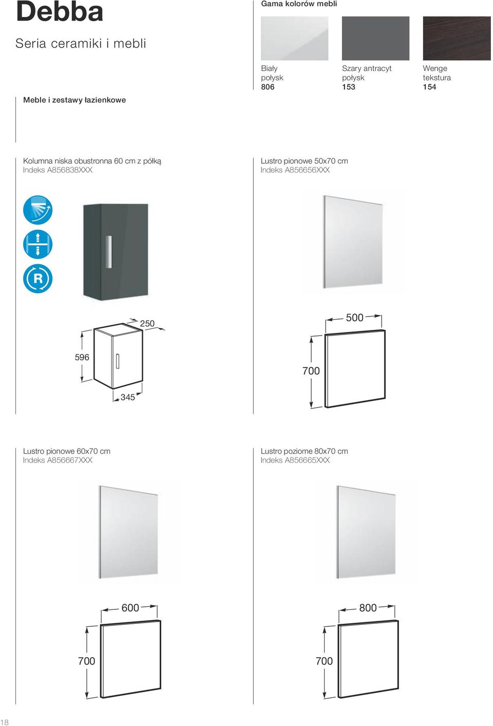 półką Indeks A856838XXX 720 Lustro pionowe 50x70 cm Indeks A856656XXX 865 610 530 145 790 296 250 500