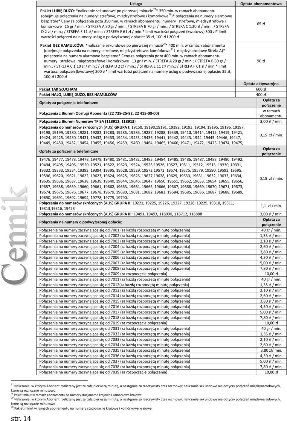 w ramach abonamentu: numery strefowe, międzystrefowe i komórkowe 15 gr / min. / STREFA A 30 gr / min.; / STREFA B 70 gr / min.; / STREFA C 1,20 zł / min.; / STREFA D 2 zł / min.