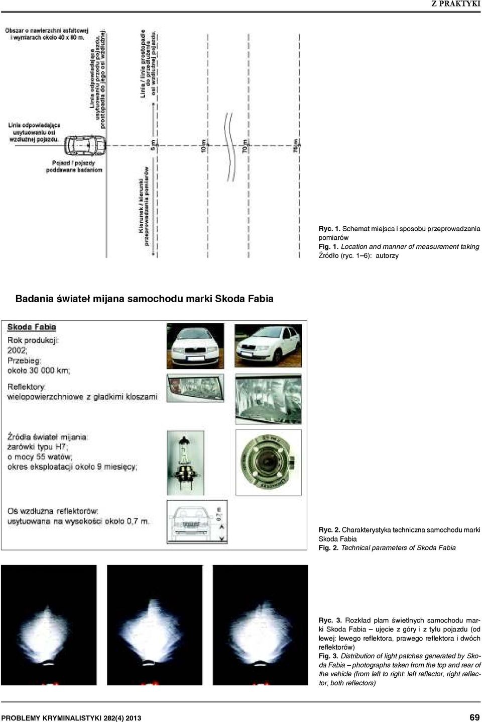 3. Rozkład plam świetlnych samochodu marki Skoda Fabia ujęcie z góry i z tyłu (od lewej: lewego reflektora, prawego reflektora i dwóch reflektorów) Fig. 3.