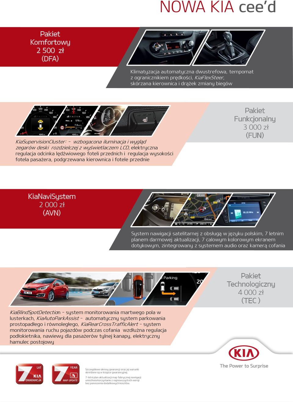 i fotele przednie Pakiet Funkcjonalny 3 000 zł (FUN) KiaNaviSystem 2 000 zł (AVN) System nawigacji satelitarnej z obsługą w języku polskim, 7 letnim planem darmowej aktualizacji, 7 calowym kolorowym
