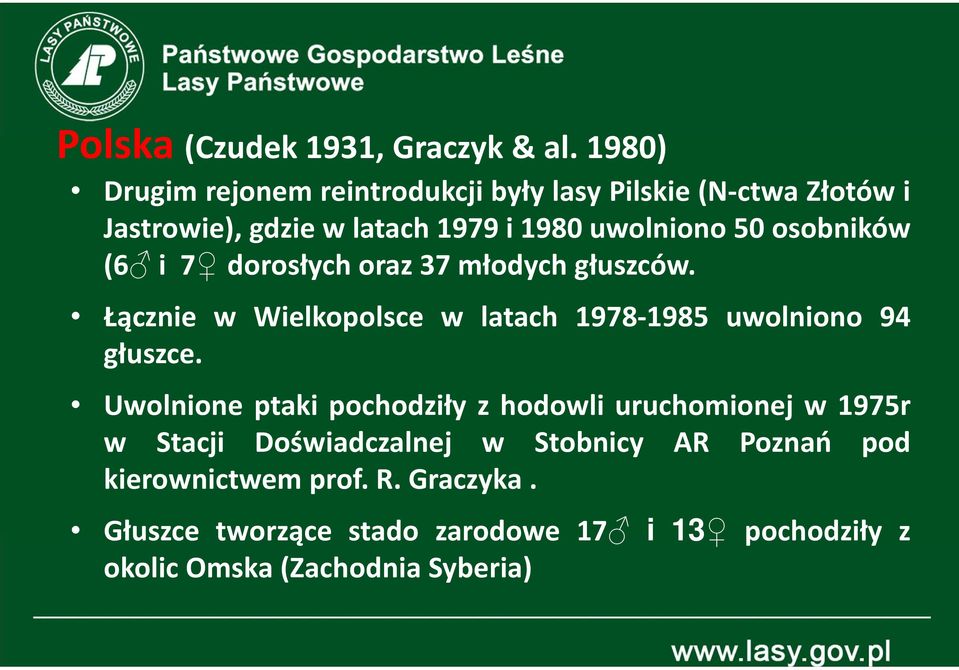 osobników (6 i 7 dorosłych oraz 37 młodych głuszców. Łącznie w Wielkopolsce w latach 1978-1985 uwolniono 94 głuszce.