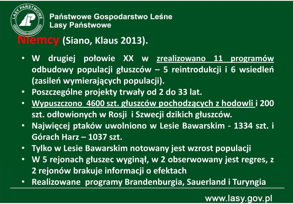 Poszczególne projekty trwały od 2 do 33 lat. Wypuszczono 4600 szt. głuszców pochodzących z hodowli i 200 szt.
