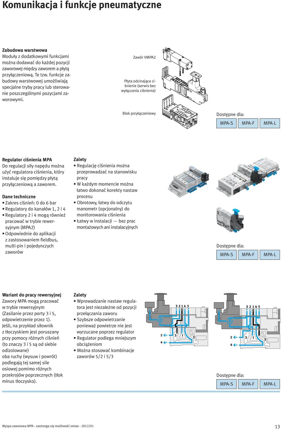 Zawór VMPA2 Płyta odcinająca ciśnienie (serwis bez wyłączania ciśnienia) Blok przyłączeniowy Regulator ciśnienia MPA Do regulacji siły napędu można użyć regulatora ciśnienia, który instaluje się