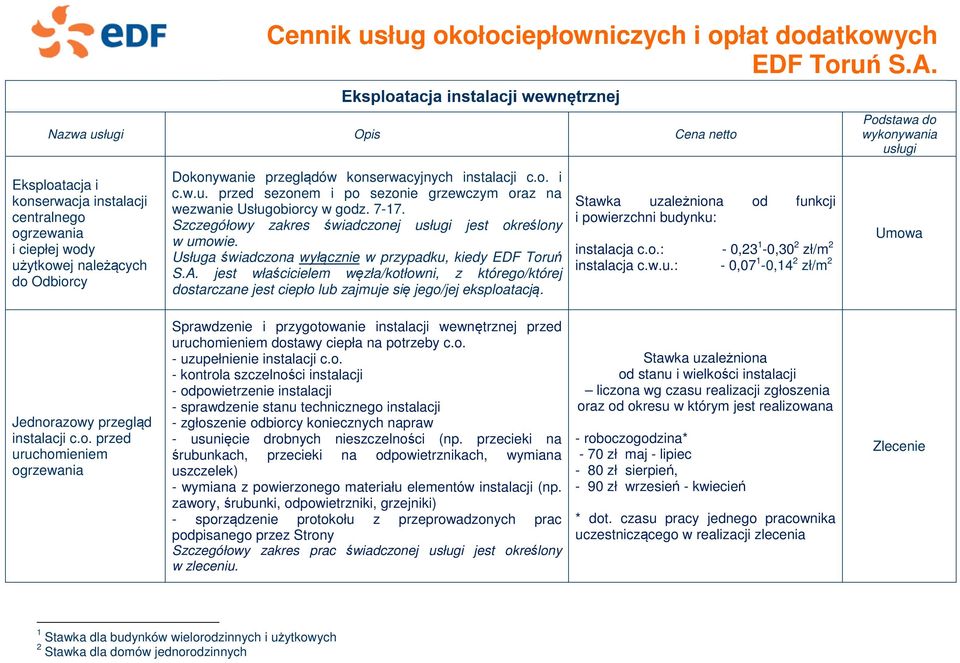 Usługa świadczona wyłącznie w przypadku, kiedy EDF Toruń S.A. jest właścicielem węzła/kotłowni, z którego/której dostarczane jest ciepło lub zajmuje się jego/jej eksploatacją.