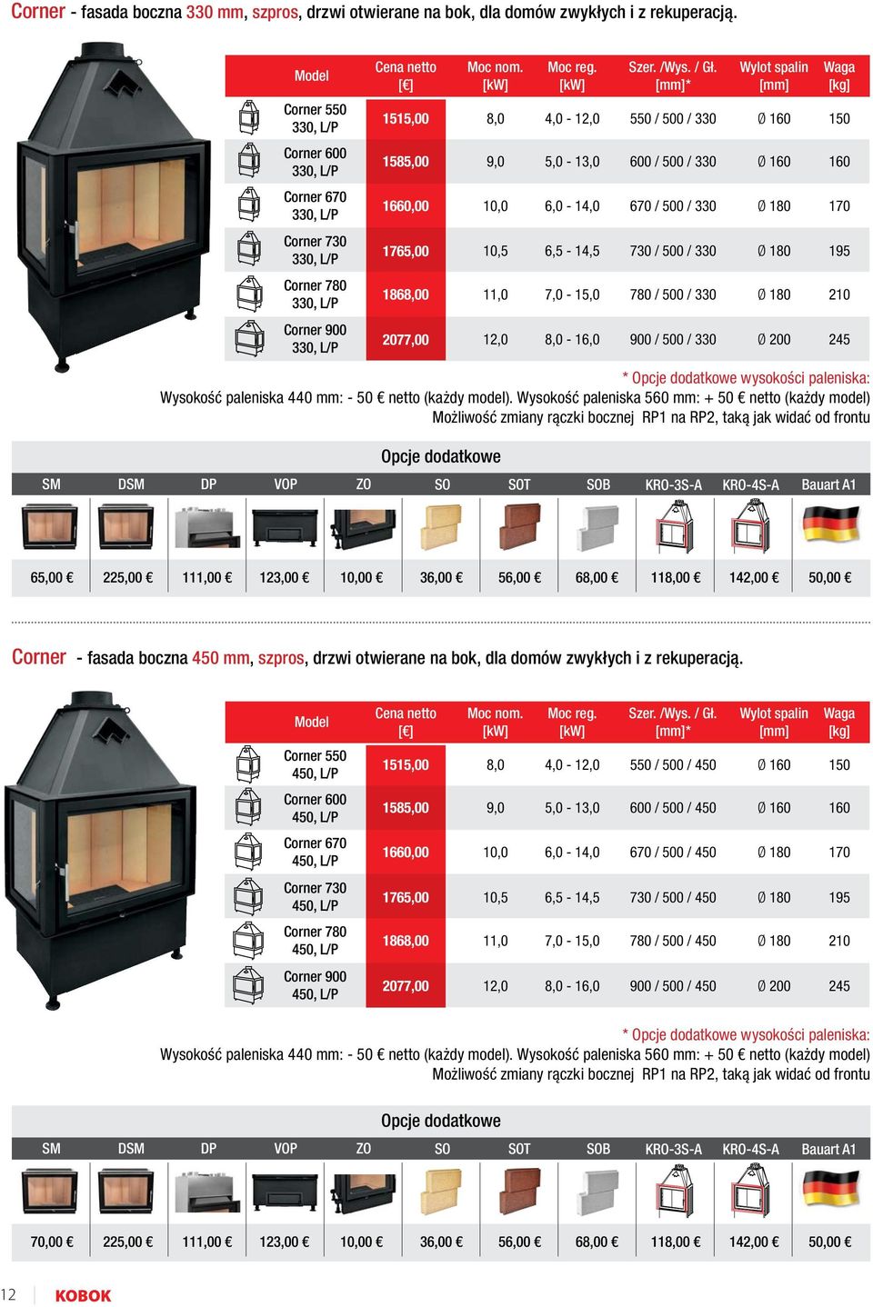 8,0-16,0 / Gł. * 550 / 500 / 330 600 / 500 / 330 670 / 500 / 330 730 / 500 / 330 780 / 500 / 330 900 / 500 / 330 * wysokości paleniska: Wysokość paleniska 440 mm: - 50 netto (każdy model).
