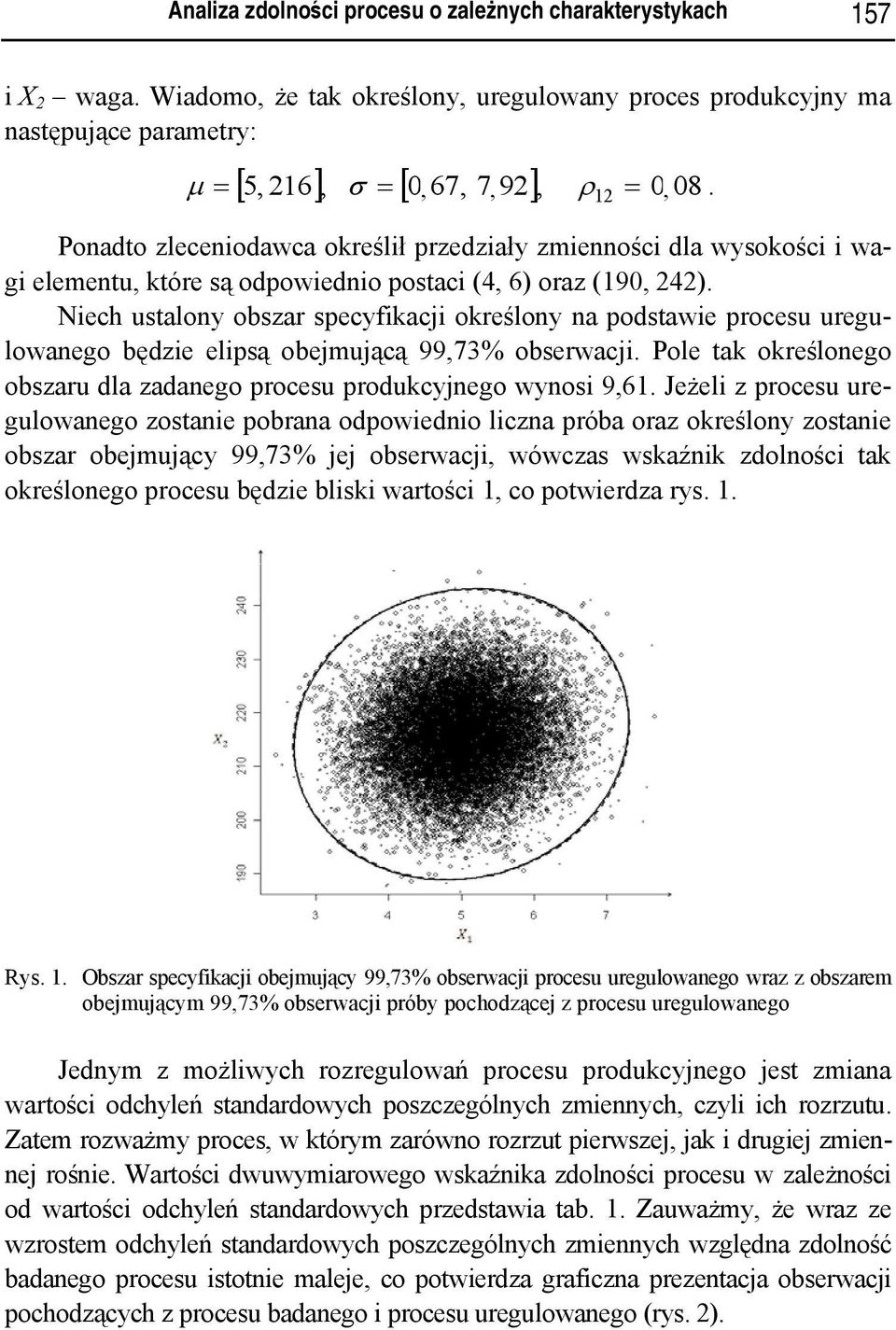 Niech ustalony obszar specyfikacji określony na podstawie procesu uregulowanego będzie elipsą obejmującą 99,73% obserwacji. Pole tak określonego obszaru dla zadanego procesu produkcyjnego wynosi 9,61.