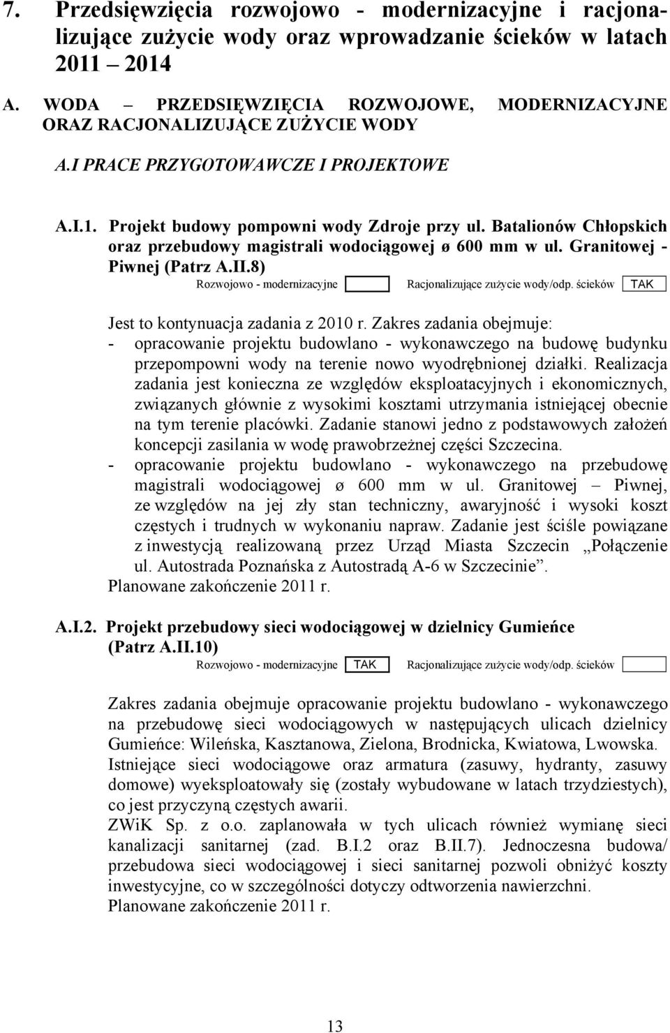 Batalionów Chłopskich oraz przebudowy magistrali wodociągowej ø 600 mm w ul. Granitowej - Piwnej (Patrz A.II.8) Rozwojowo - modernizacyjne Racjonalizujące zużycie wody/odp.