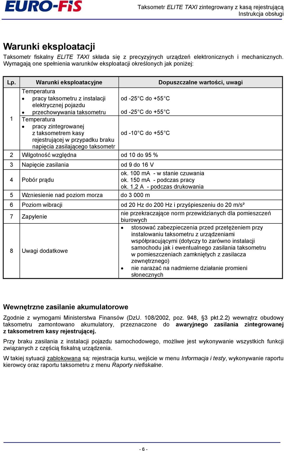 zintegrowanej z taksometrem kasy od -10 C do +55 C rejestrującej w przypadku braku napięcia zasilającego taksometr 2 Wilgotność względna od 10 do 95 % 3 Napięcie zasilania od 9 do 16 V 4 Pobór prądu