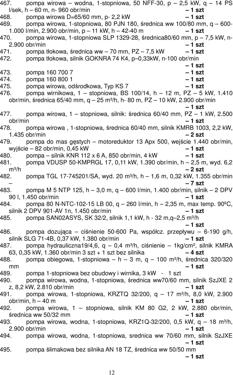 pompa tłokowa, średnica ww 70 mm, PZ 7,5 kw 472. pompa tłokowa, silnik GOKNRA 74 K4, p 0,33kW, n-100 473. pompa 160 700 7 474. pompa 160 800 1 475. pompa wirowa, odśrodkowa, Typ KS 7 476.