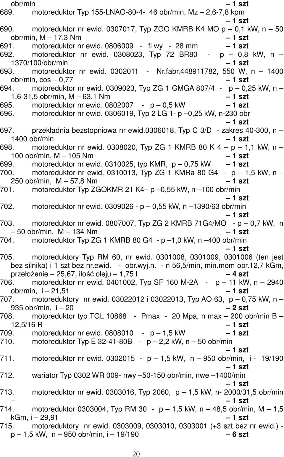 motoreduktor nr ewid. 0802007 - p 0,5 kw 696. motoreduktor nr ewid. 0306019, Typ 2 LG 1- p 0,25 kw, n-230 obr 697. przekładnia bezstopniowa nr ewid.0306018, Typ C 3/D - zakres 40-300, n 1400 698.