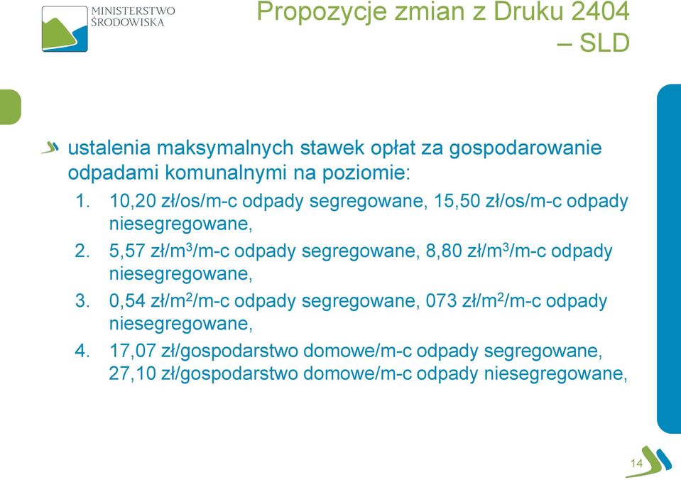 5,57 zł/m 3 /m-c odpady segregowane, 8,80 zł/m 3 /m-c odpady niesegregowane, 3.