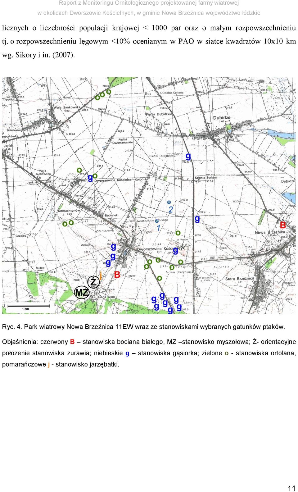 Park wiatrowy Nowa Brzeźnica 11EW wraz ze stanowiskami wybranych gatunków ptaków.