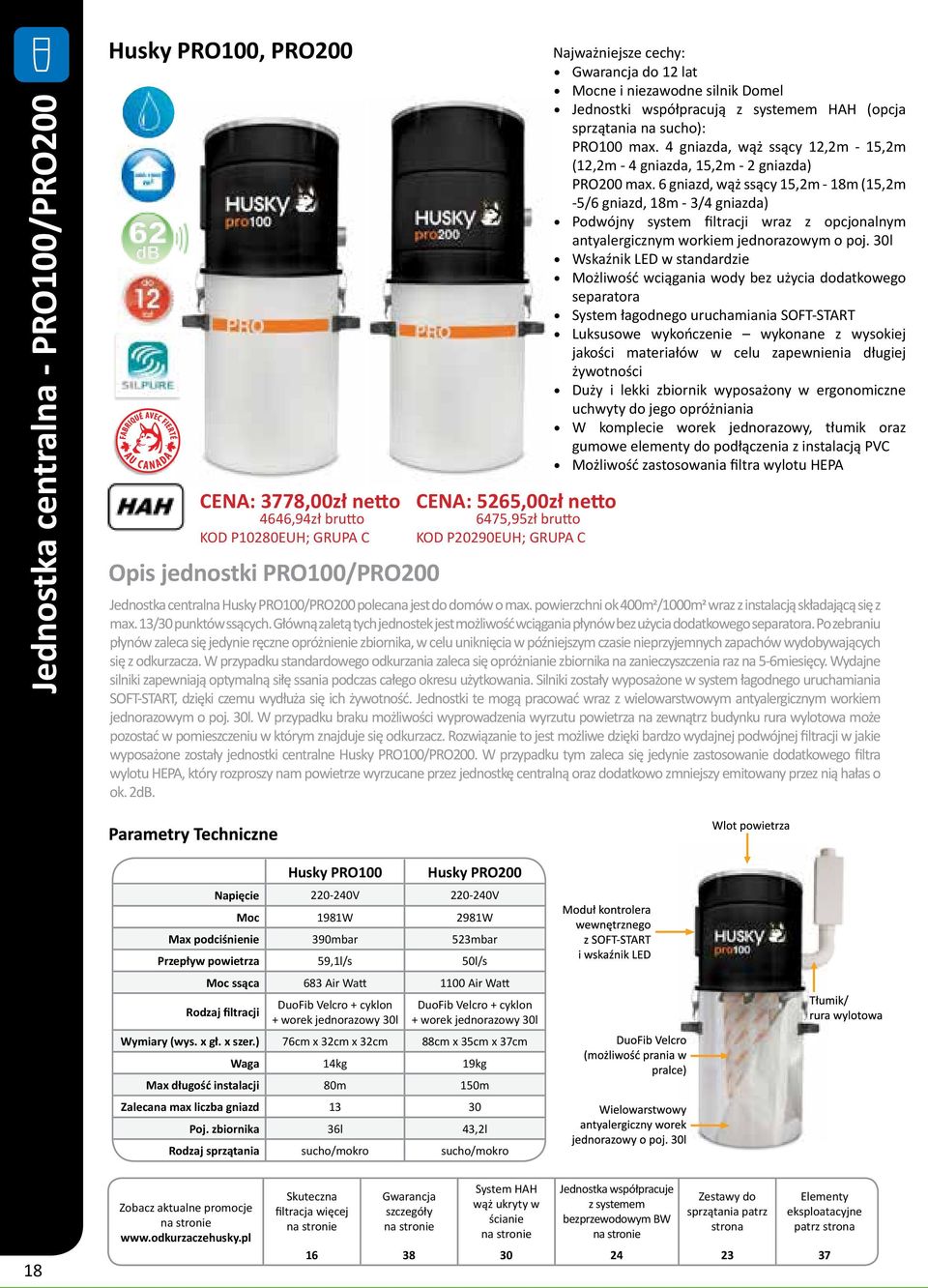 4 gniazda, wąż ssący 12,2m - 15,2m (12,2m - 4 gniazda, 15,2m - 2 gniazda) PRO200 max.