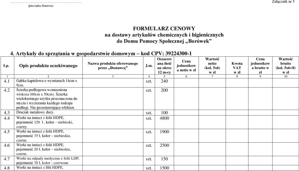 5x6) Kwota VAT jednostkow a brutto w zł 1 2 3 4 5 6 7 8 9 10 4.1 Gąbka kąpielowa o wymiarach 14cm x szt. 240 9cm. 4.2 Ścierka podłogowa wzmocniona wiskoza (60cm x 50cm).