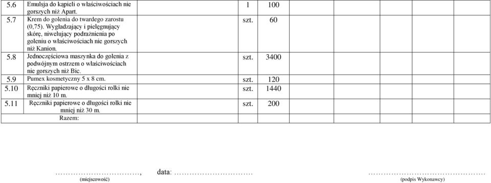 8 Jednoczęściowa maszynka do golenia z podwójnym ostrzem o właściwościach nie gorszych niż Bic. l 100 szt. 60 szt. 3400 5.