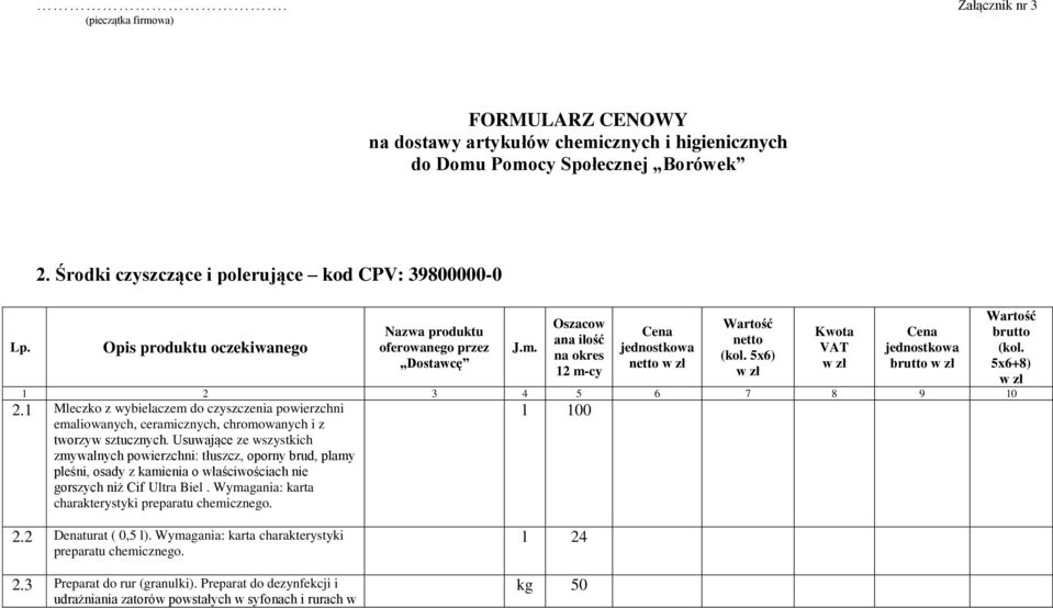 5x6) Kwota VAT jednostkowa brutto 1 2 3 4 5 6 7 8 9 10 2.1 Mleczko z wybielaczem do czyszczenia powierzchni emaliowanych, ceramicznych, chromowanych i z tworzyw sztucznych.