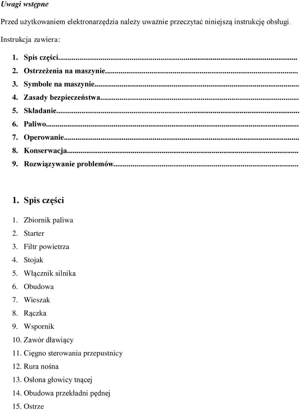 Rozwiązywanie problemów... 1. Spis części 1. Zbiornik paliwa 2. Starter 3. Filtr powietrza 4. Stojak 5. Włącznik silnika 6. Obudowa 7. Wieszak 8.